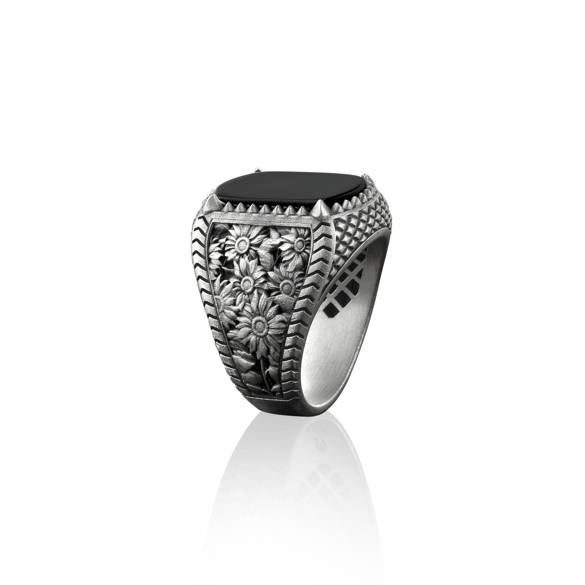 Strauß Sonnenblumen Und Onyx Stein Silber Siegel Männer Ring, Sterling Pinky Ringe Für Frauen, Gravierte Blumen von BySilverStone