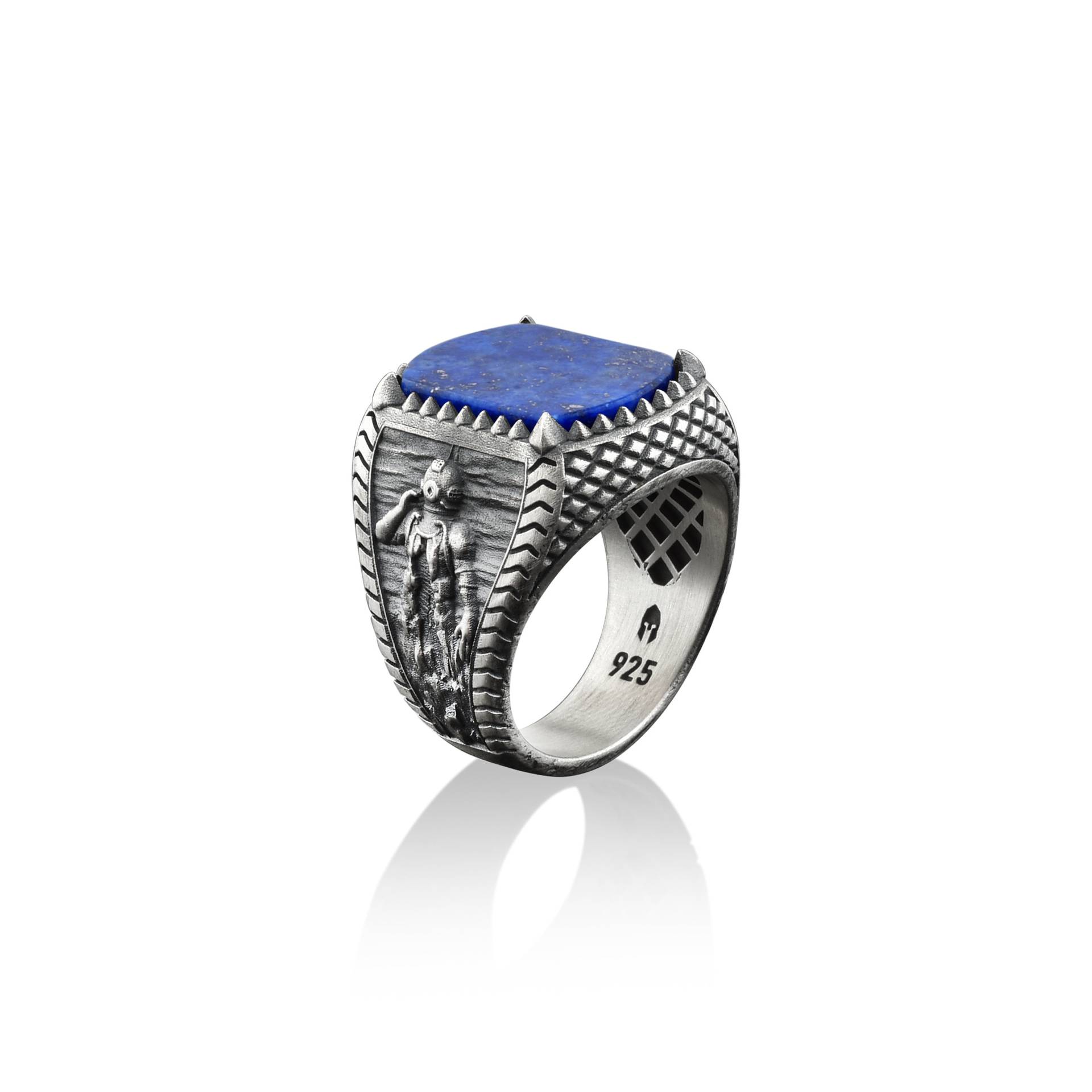 Tauchen Silber Männer Ring, Ungewöhnlicher Taucher Themen Lapislazuli Edelstein Ring in 925 Sterling Silber, Antiker Siegel Mann von BySilverStone