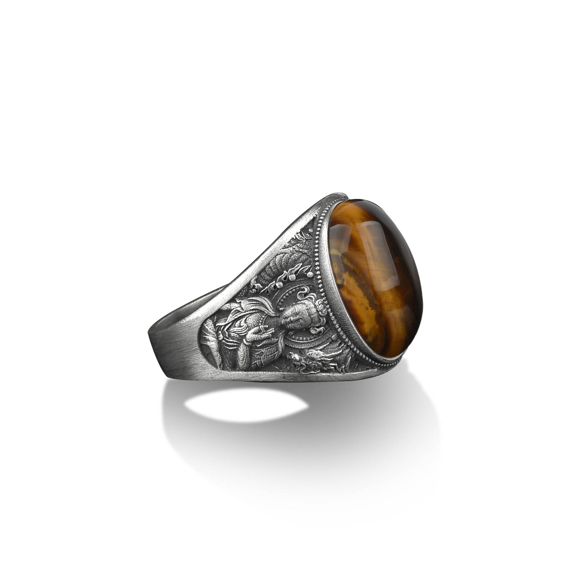 Tigerauge Silber Buddha Mann Ring, Sterling Abhaya Mudra Gravierte Edelstein Siegelring Für Männer Und Frauen von BySilverStone