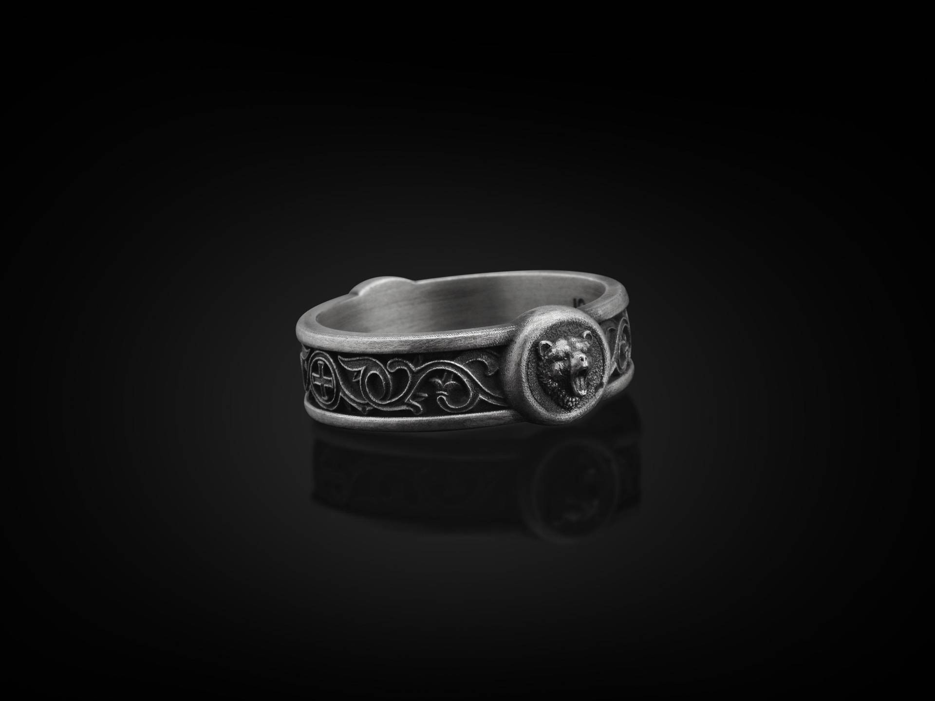 Wütend Bär Mit Lilie Motive Sterling Silber Band Ring, Ehering, Stapelbar Biker Tier Geschenk von BySilverStone