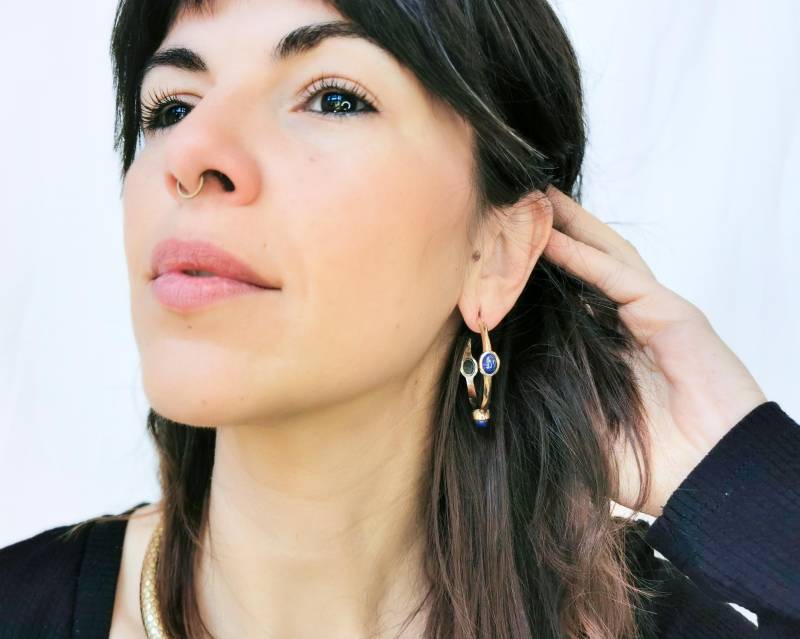 Goldene Messing Creolen Mit Labradorit, Lapis Lazuli & Mondstein von BySinuhe