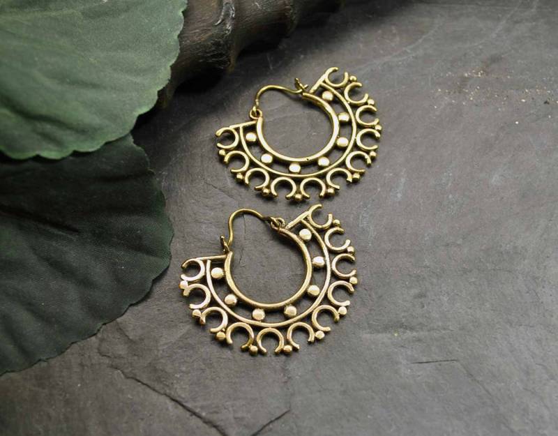 Mayan Creolen, Messing Heilige Geometrie, Gold Ohrringe, Steampunk, Wikinger Schmuck, Hippie Fan Ethnic Creolen von BySinuhe