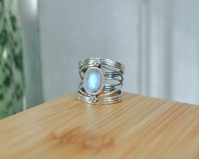 Mondstein Sterling Silber Ring Handgemachter Aquamarin Amethyst Statement von BySinuhe