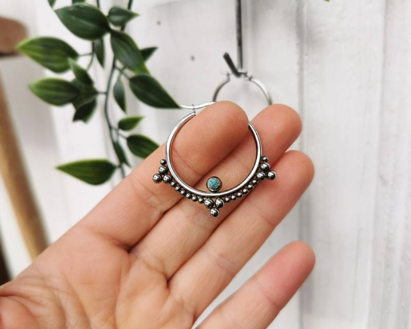 Silber Türkis Ohrring - Kugel Design Creolen Edelstein Huggie Klappbrisuren von BySinuhe