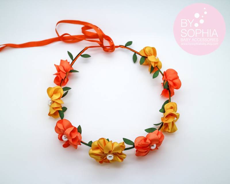 Baby Blumenkrone, Kleinkind Gelb Und Orange Mädchen Kranz Seidenblumenkrone, 1079 von BySophiaBaby