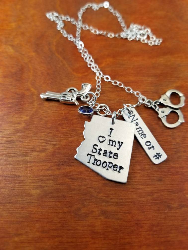 Arizona State Trooper Frau Halskette, Korrektur Offizier Dünne Blaue Linie, Azdps, Hand Gestempelt Personalisierte Mein Held Halten Ihn Sicher von ByalittlebitofFaith