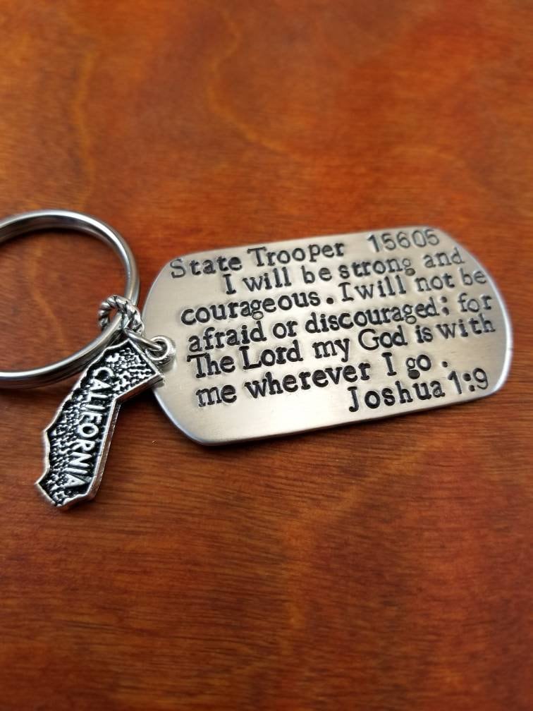 California State Trooper Schlüsselanhänger, Joshua 19, Gebet, Polizist Geschenk, Sheriff Csp, Leo, Von Hand Gestempelt Personalisiert von ByalittlebitofFaith