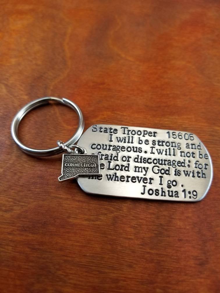 Connecticut State Trooper Schlüsselanhänger, Joshua 19, Staatstruppen Gebet, Polizist Geschenk, Sheriff Csp, Von Hand Gestempelt Personalisiert von ByalittlebitofFaith