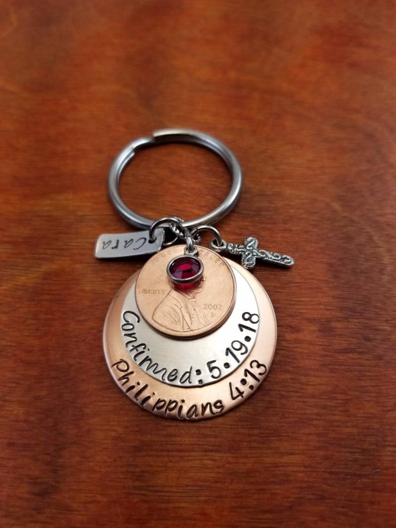 Konfirmation Penny Schlüsselanhänger, Taufe Geschenk, Christliches Religiös, Philipper 413 Personalisierte Hand Gestempelt von ByalittlebitofFaith