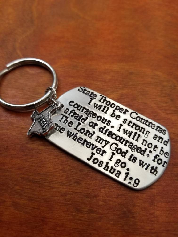 Texas State Trooper Schlüsselanhänger, Joshua 19, Gebet, Polizist Geschenk, Sheriff Dps, Leo Hand Gestempelt Personalisiert von ByalittlebitofFaith