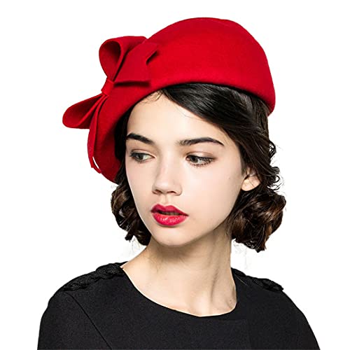 Byblos Elegante Wolle Fascinators Fedora Frauen Kirche Hochzeitshut Filz mit Schleife Pillbox Hut Baskenmützen Mützen Red von Byblos