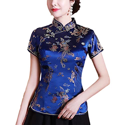 Damen traditionelle chinesische Blumenbluse Kurzarm Qipao Bluse Sommer Kurzarm Tops Navy Blue Dragon S von Byblos