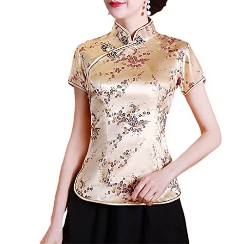 Damen traditionelle chinesische Blumenbluse Kurzarm Qipao Bluse Sommer Kurzarm Tops Gold Flower XL von Byblos