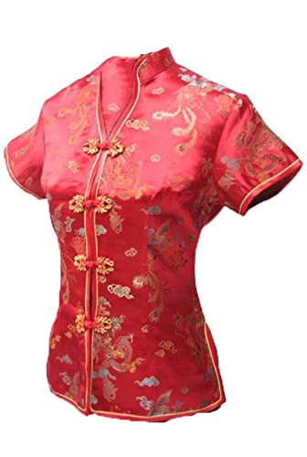 Byblos Seidensatin-Bluse mit V-Ausschnitt für Damen, traditionelles chinesisches Cheongsam-Hemd mit Blumendruck Red L von Byblos