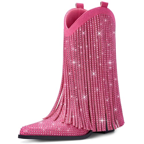 Bybmorto Fransen Cowboystiefel für Damen - Mid Calf Cowgirl-Stiefel mit Sternnieten, spitzer Zehenpartie und klobigem Absatz, perfekt für Country-Musik-Festivals, Pink Bling, 35 EU Bybmorto Fransen Cowboystiefel für Damen - Mid Calf Cowgirl-Stiefel mit Sternnieten, spitzer Zehenpartie und klobigem Absatz, perfekt für Country-Musik-Festivals, Pink Bling, 35 EU von Bybmorto