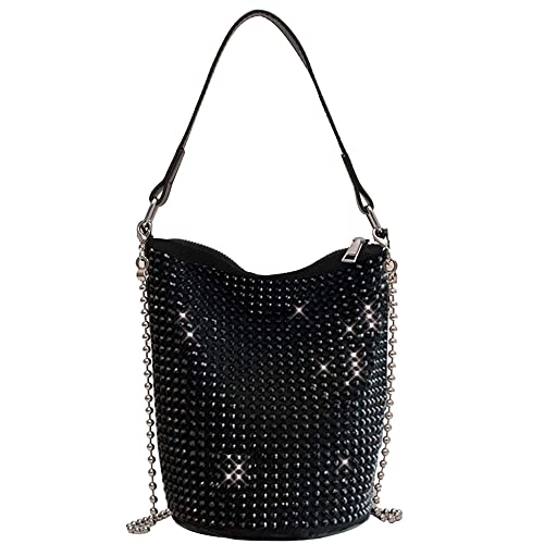 Bydenwely Strass Nieten Bling Eimer Hobo Bag Chic Abend Geldbörse Frauen Clutch Crossbody Mini Tote für Abschlussball Party, Schwarz, Medium von Bydenwely