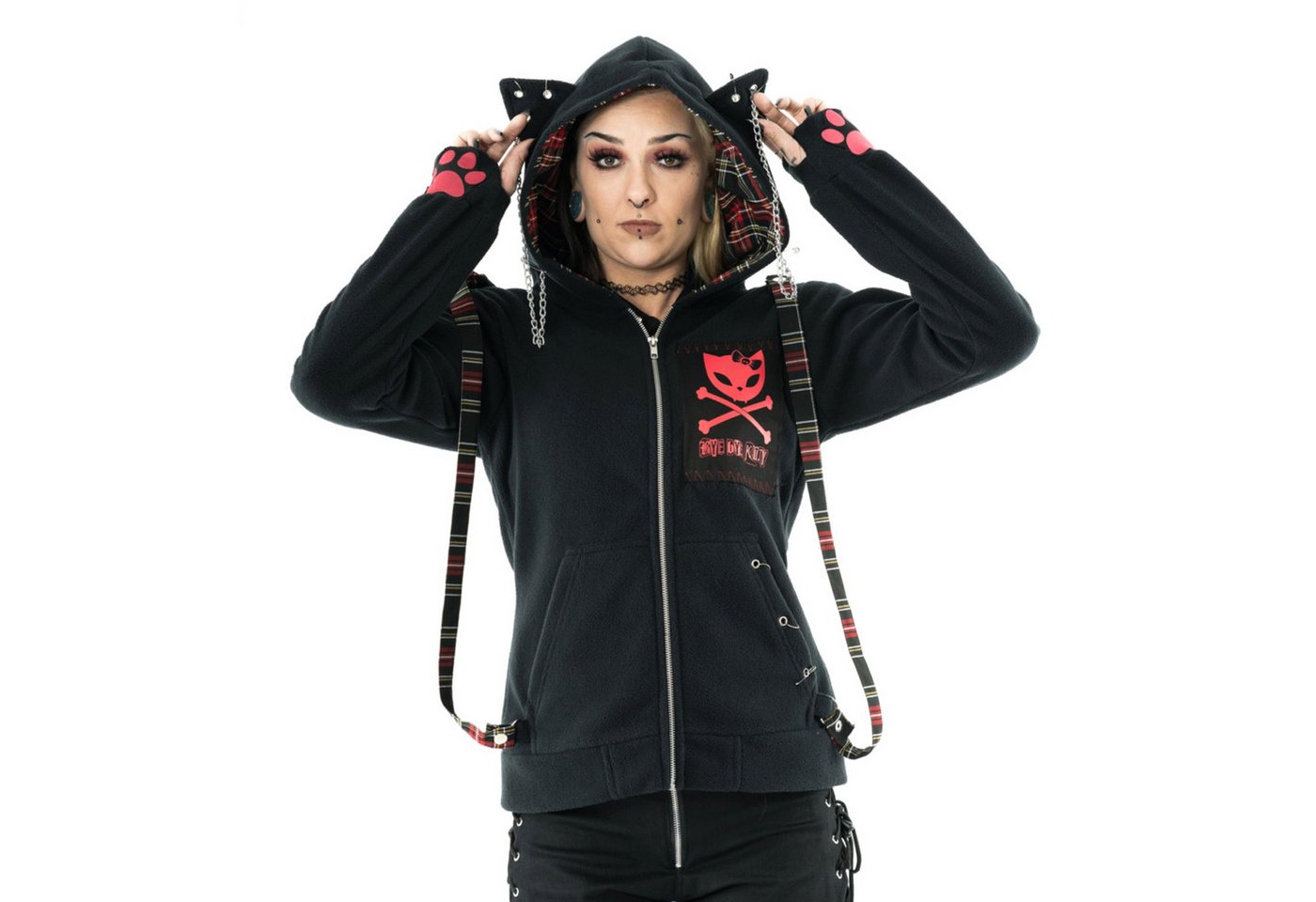 Bye Bye Kitty Kapuzensweatshirt Trinity Hood Kawaii Goth Punk Tartan Ohren Hoodie von Bye Bye Kitty