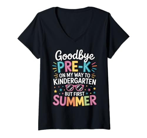 Damen Abgestufte Pre-K, bereit für den Kindergarten... nach dem Sommerspaß T-Shirt mit V-Ausschnitt Damen Abgestufte Pre-K, bereit für den Kindergarten... nach dem Sommerspaß T-Shirt mit V-Ausschnitt von Bye Pre-K Hello Fun
