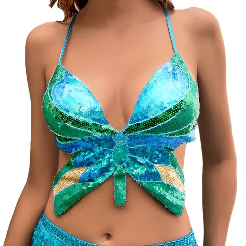 Byhsoep Pailletten Bauchtanz Kostüm BH Oberteil,Butterfly Top Glitzer Damen Karneval Meerjungfrau Oberteil Damen Club Sexy Trägertop mit Neckholder von Byhsoep