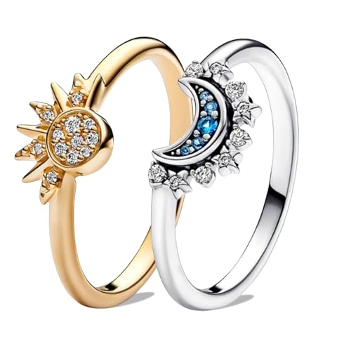 Byhsoep Sonne Mond Ringe Set,Matching Rings,Gold Silber Freundschaftsringe Ringe Frauen,Stapelbare Himmelsringe,Funkelnder Sonnenring und Mond Ringe Offene Promise für Geschenke für Frauen von Byhsoep