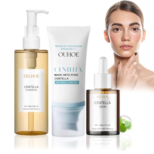 3 Stück Centella Hautpflegeset, Centella Cleansing Oil, Centella Serum & Sunscreen SPF 50, Madagascar Centella Light Reinigungsöl, Centella Asiatica Extract, Alle Hauttypen Geeignet von Byhsoep