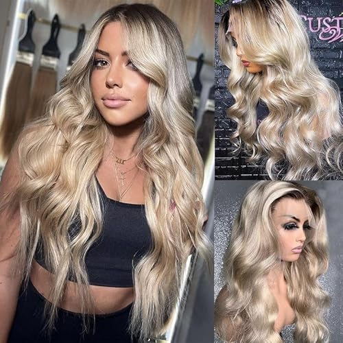 Byluxurious Ombre Highlight Blond Aschblond Spitze Frontperücke Echthaarperücken 13 x 4 Balayage gerade HD transparent Spitze vorne Menschenhaar Perücken für Frauen weiß von Byluxurious
