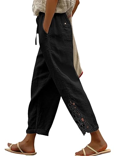 Byoauo Damen 7/8 Hosen Sommer Leinenhose Leichte Sommer Hose Lang Freizeithose von Byoauo