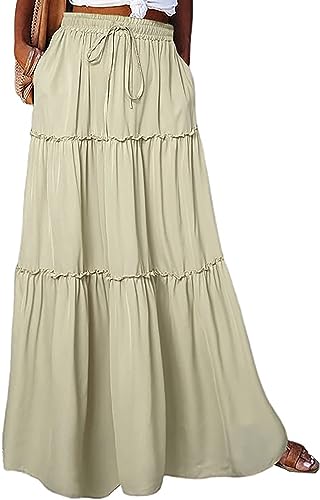 Byoauo Damen Rock Boho Lange A-Linie Swing Skirt Strandrock Plisseerock von Byoauo