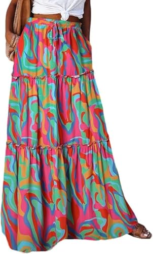 Byoauo Damen Rock Lang Hohe Taille A-Linie mit Gürtel Taschen Boho Blumen Maxi Sommerrock Strandrock von Byoauo