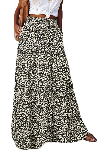 Byoauo Damen Rock Langer Elastische Taille A-Linie Falten mit Taschen Bohemien Blumen Leicht Strandrock Midi-Rock Skirts von Byoauo