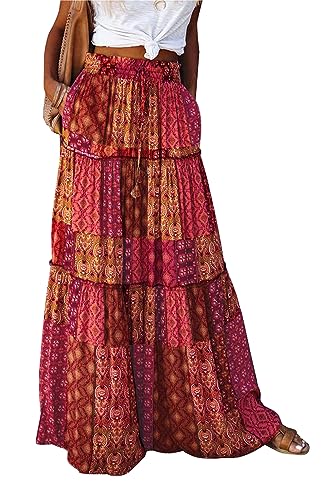 Byoauo Damen Sommerrock Lang Maxi Boho Chiffon A-Linie Elastische Hohe Taille Maxi-Skirt Falten Rock von Byoauo