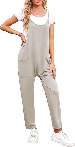 Byoauo Frauen Jumpsuit Lange Hosen Strampler mit Taschen Ärmelloser Strap Stück Strampler Grau L von Byoauo