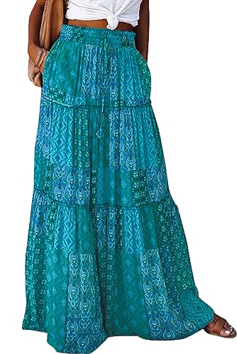 Byoauo Rock Damen Lang Boho Blumen Hohe Elastische Taille mit Taschen und Gürtel Maxi Skirt Faltenrock Strandrock Freizeitrock von Byoauo