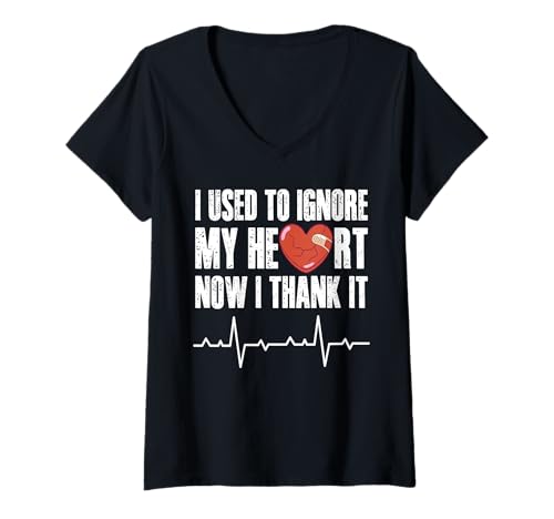 Damen I Used to Ignore My Heart Now I Thank It T-Shirt mit V-Ausschnitt von Bypass Herzoperation Designs Idee