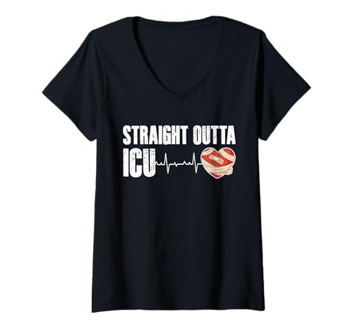 Damen Straight Outta ICU Bypass Heart Surgery Get Well Soon T-Shirt mit V-Ausschnitt von Bypass Herzoperation Designs Idee