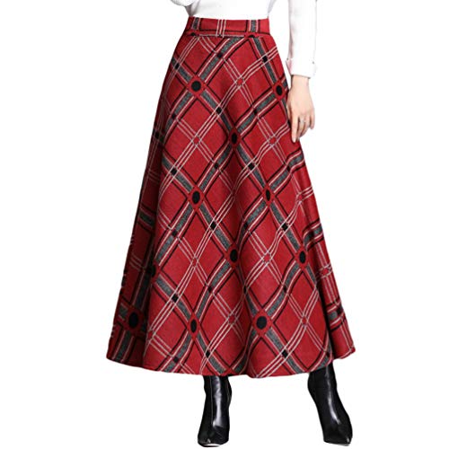 Byqny Wolle Retro Elegante Winterkleider Damen Vintage Karierter Maxi Winterkleid Rock Knielang Röcke Midi Gestreifter Stufenrock Flared Lang Röcke 5# rot L von Byqny