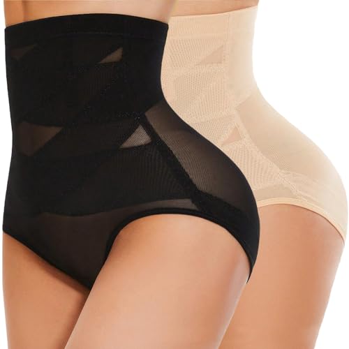 Bauchweg Unterhose für Damen Hoher Taille Shapewear Slips Nach der Geburt Po-Lifting-Slips Miederhose Figurformende Unterwäsche Miederpants mit Uberkreuzten Elastischen Bändern, 2er-Pack von Bysion