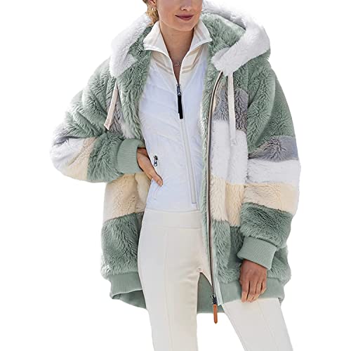 Bysion Damen Teddy Fleecejacke mit Kapuze 2023 Mode Herbst Winter Warme Mantel Kapuzenjacke Langarm Plüschjacke Flauschjacke Übergangsjacke mit Taschen von Bysion