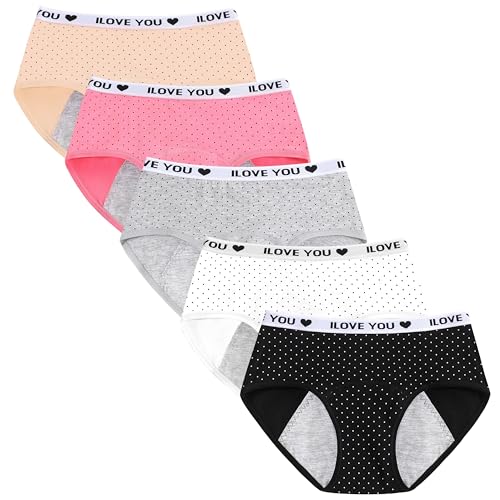Bysion Teenager Mädchen Menstruationshose Baumwolle Regelblutung Höschen Auslaufsicher Mittlere Taille Period Slip Weiche Komfortabel für 10-18 Jahre, 5er Pack von Bysion