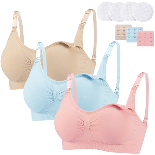 Still BH Damen Schwangerschaft Atmungsaktivem Still-BHS Ohne Bügel Nahtlose Tag und Nacht Still-BH Mit Abnehmbaren Untersetzer Camisole Top für Mutterschaft - 3er Pack von Bysion