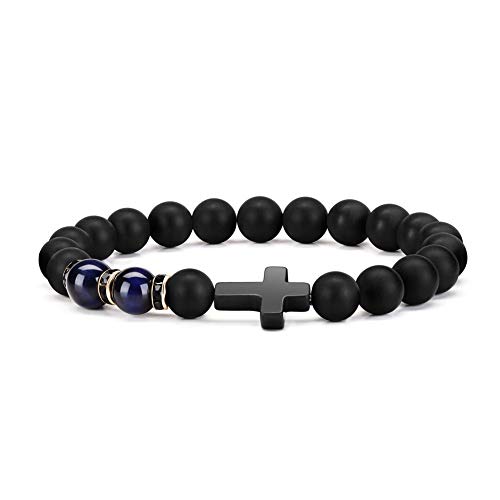 Byson Fashion Religion Cross Men Women 8mm Natural Stone Tiger Eye & Black Matte Agate… von Byson