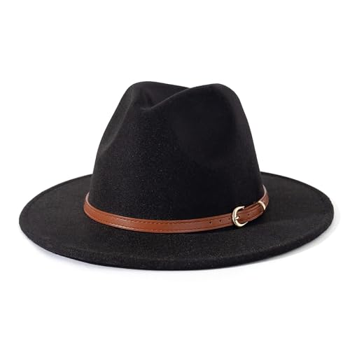 Männer Frauen Filz Top Hüte Fedora Panama Hüte Zylinder Mit Flacher Krempe Damen Französischer Filzhut Warmer Jazzhut Herren M (56-58Cm) Schwarzer Hut + Brauner Gürtel von Bywenzai