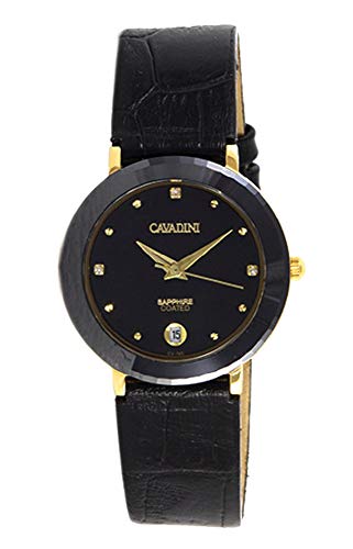 C CAVADINI Damen-Armbanduhr Analog Quarz mit Lederarmband CV-745 (schwarz/Gold) von C CAVADINI