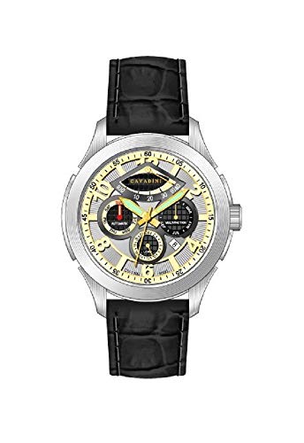 C CAVADINI Herren-Armbanduhr Analog Automatik mit Lederarmband CV-1302 (Silber/gelb) von C CAVADINI