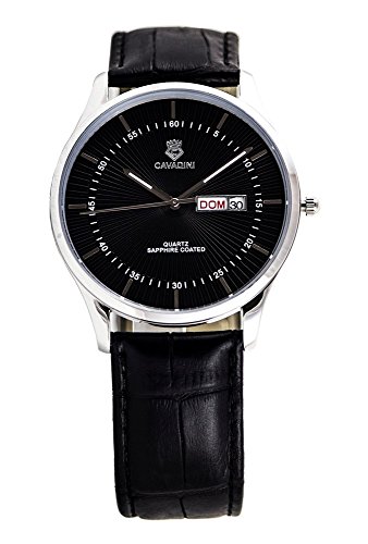 CAVADINI Yukon Herren-Armbanduhr Edelstahl mit Lederarmband CV-4305 (schwarz/Silber) von C CAVADINI