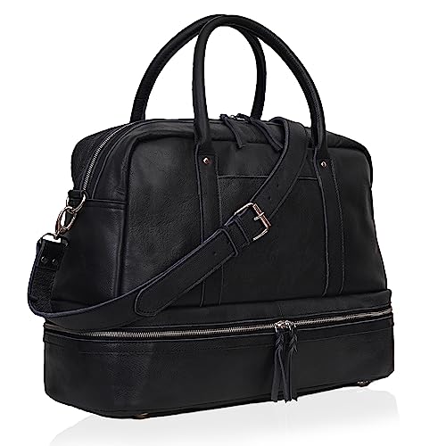 Leder Weekender Tasche mit Schuhfach Frauen Vollnarbenleder Seesack Große Frauen Wochenende Seesack Bestes Geschenk für Frau, Schwarz, Reisetasche von C CUERO