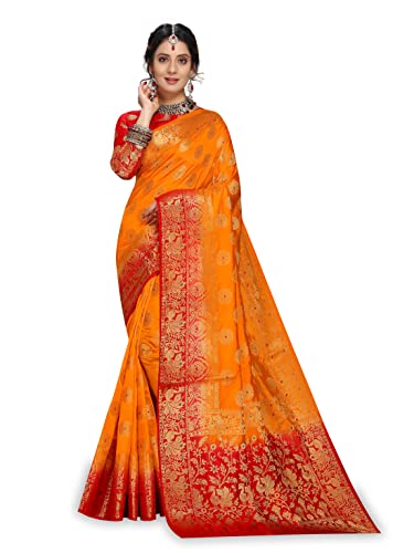 C J Enterprise Damen Sarees aus reiner Kanchipuram-Seide mit Bluse (Marry Gold), Gelb, Rot, Einheitsgröße von C J Enterprise
