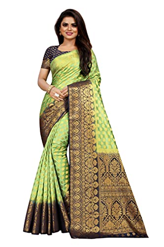 C J Enterprise Damen Sarees aus reiner Kanjivaram-Seide mit Blusenteil (Kismat-1 Paithani), Pista Marineblau, Einheitsgröße, Pista Navy Blue, Einheitsgr��e von C J Enterprise