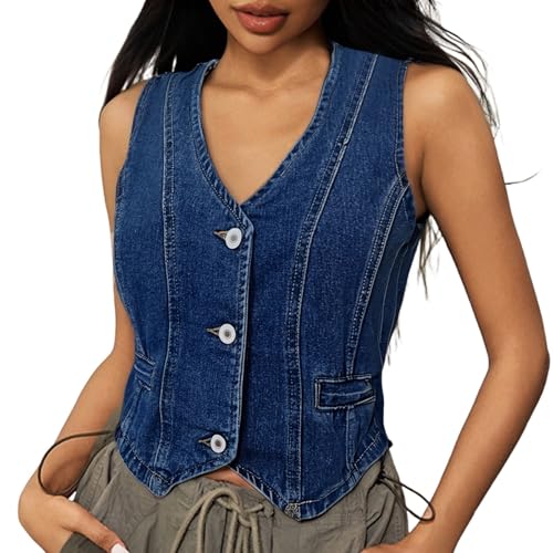 Jeansweste Damen Ärmellos Hippie Einfarbig Angelweste Dünn Mode Sportwesten V-Ausschnitt Festival Tank Top Streetwear Casual Jeans Weste für Damen Atmungsaktiv Arbeitsweste von C'est TT
