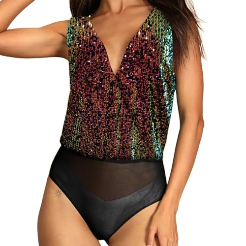 Body Oberteil Schulterfrei Glitzer Pailletten Damen Body Festlich Tops Party Glitzer Oberteile Pailletten Bodysuit Tops Blusebody Damenbody Frauen Pailletten Stringbody Tops Karneval Kostüm Tops von C'est TT